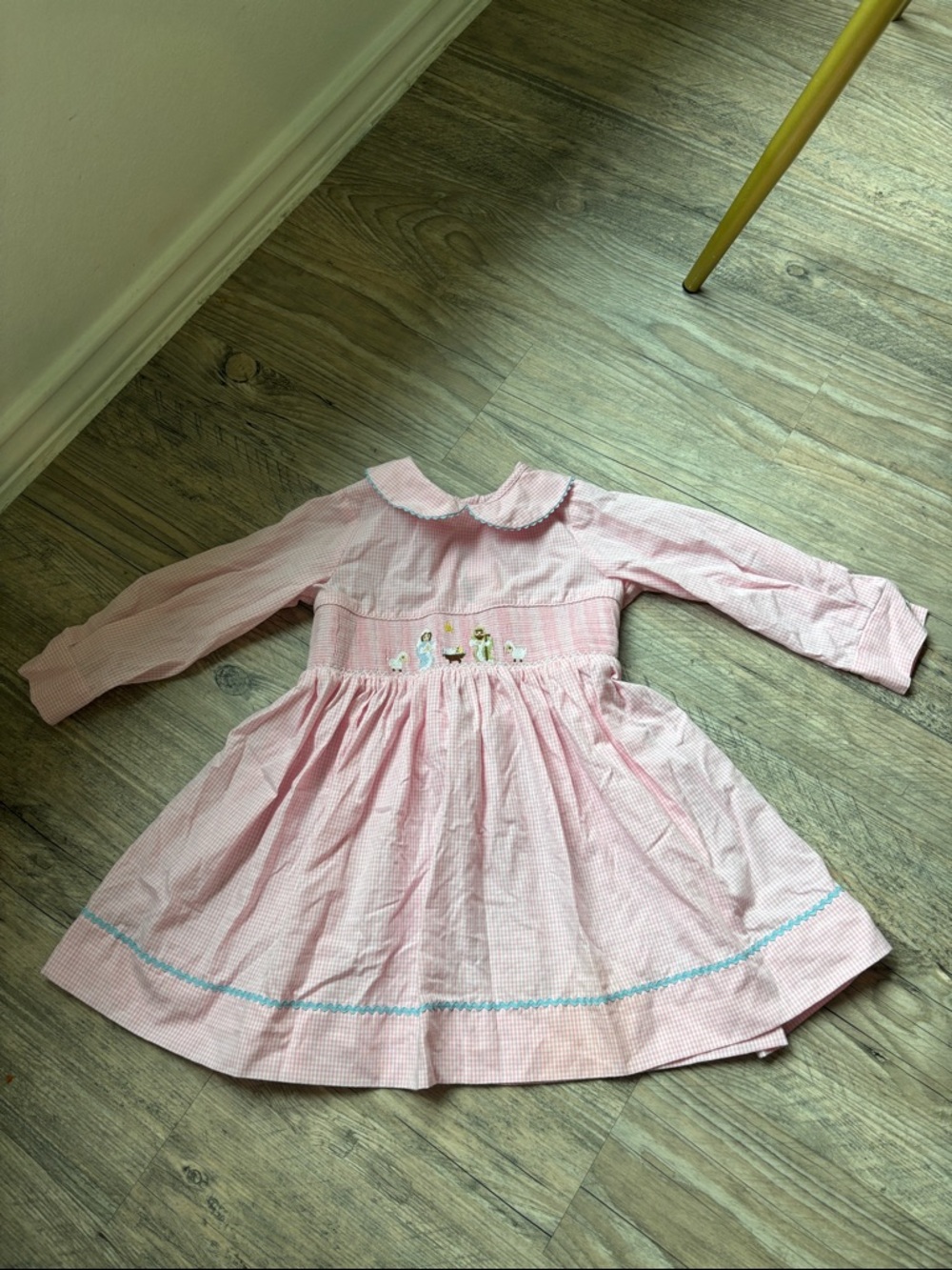 Girls' Pink Long-Sleeve Smocked Dress with Christmas nativity Embroidered Detail